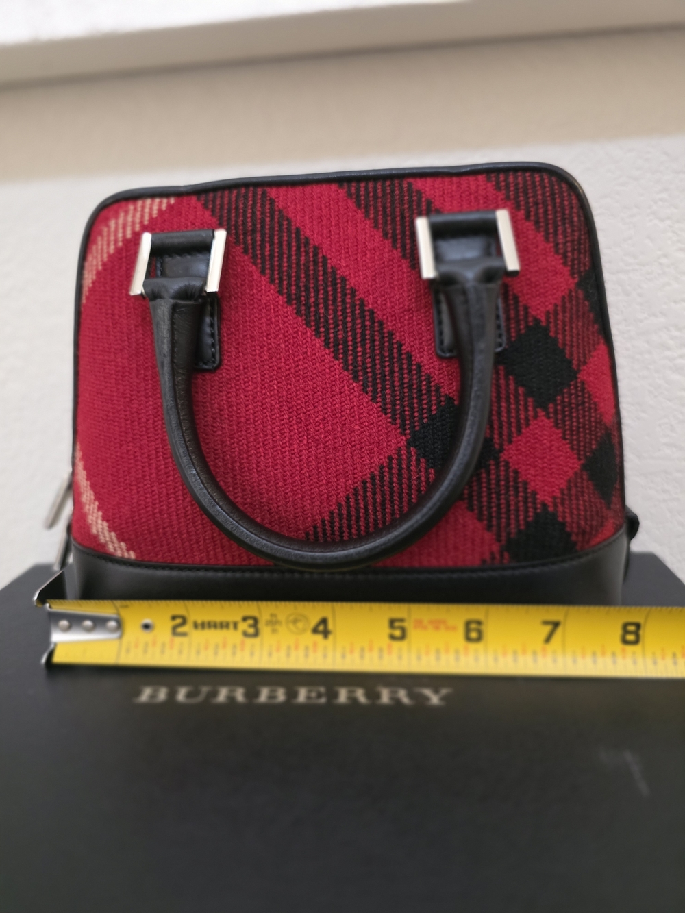 Burberry Red Black Tartan Wool & Genuine Leather Mini Handbag - Picture 15 of 16